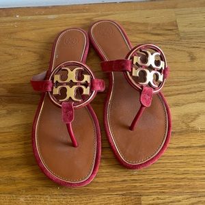 TORY BURCH | Miller Gold Metal Red Apple Suede Sandals Flip Flops Slides Size 10